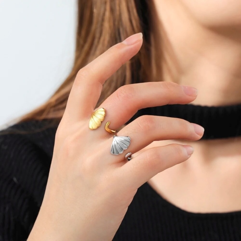 💎New Stainless Steel Silver Ginkgo Leaf Cuff Ring